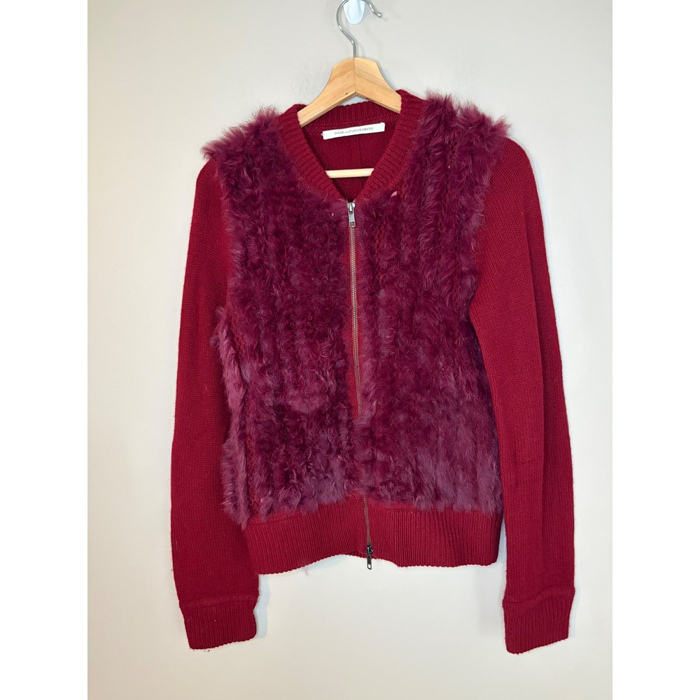 Diane Von Furstenberg Faux Fur Cardigan Women M Red Excellent Zip Up Knit